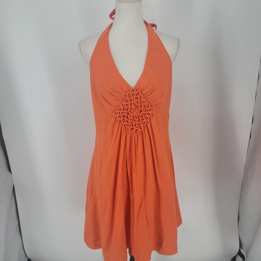 Trina Turk Orange Halter Mini Dress with Knotted Medallion Front